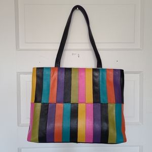 NWT Multicolor Genuine Leather ILI NY Tote Bag In Black Brights
